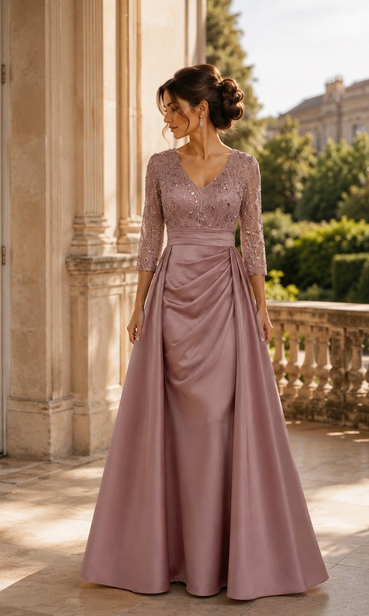 A dusty rose Rina Di Montella R108 A-line formal dress featuring a beaded lace bodice with three-quarter length sleeves and a draped skirt.